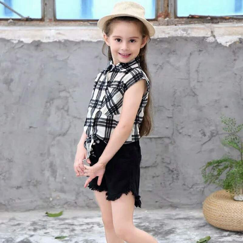 Baby Girls Kids Summer Short Clothes Set Plaid Causal Sleeveless Black Tops T-shirt Shorts Clothing Sets Kids Girls Outfit Suits