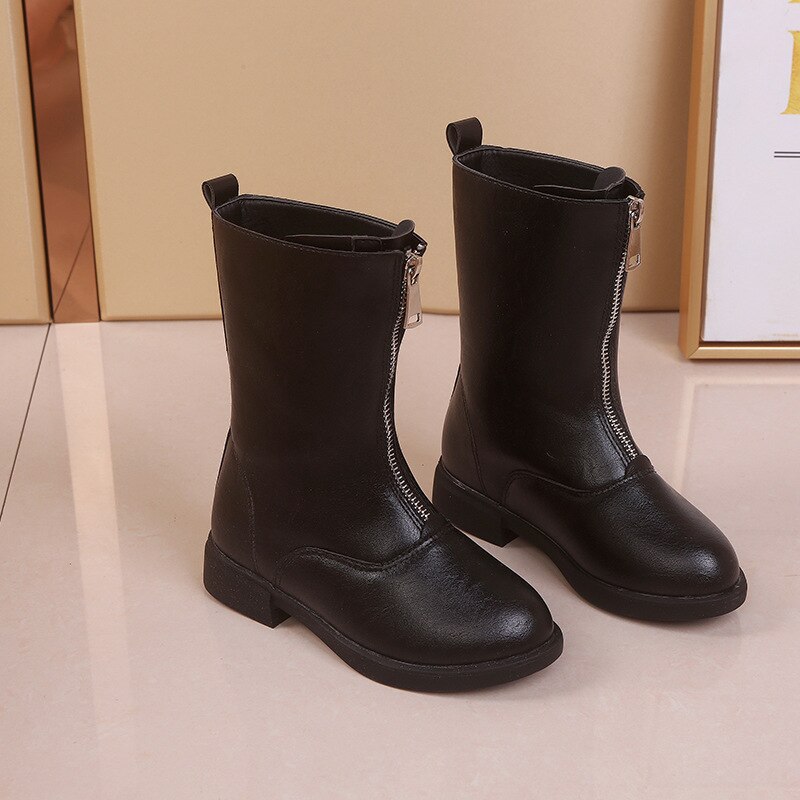 Children's Martin boots  students Korean version of the wild boots front zipper in the tube boots plus velvet thick with women
