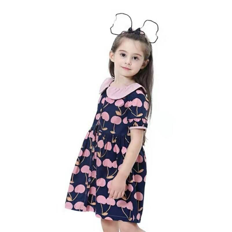 Cute Fruit Cherry Print Cotton Summer Dress for Girls Kids Short Sleeve Sundress Girl Party Casual Children Dress 2-7 Years Old