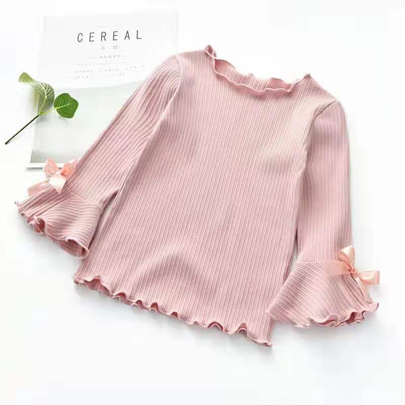 Girls infant children's bottoming shirt autumn spring new round neck bottoming shirt trumpet with long sleeve bow toddler shirt