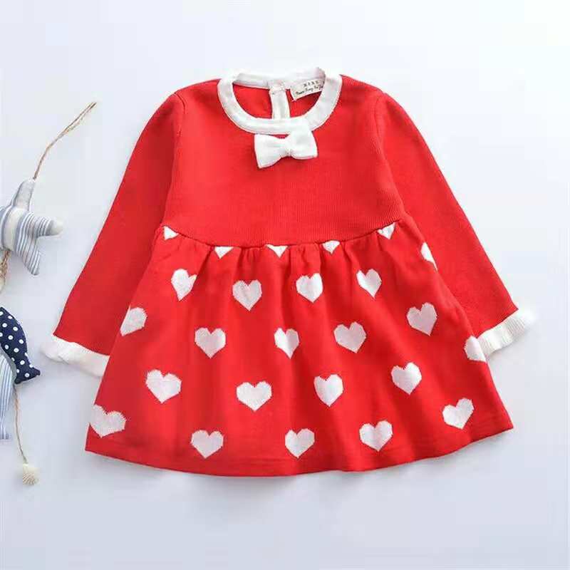 Spring Autumn Winter Baby Girls Sweater Dress Cute Clothing Red Gray Knitted Love Heart Print Cotton Long Sleeved Kids Sweaters