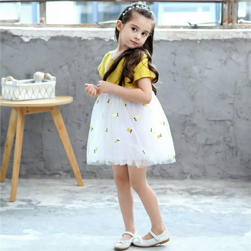 Yellow Pink Children Baby Girl Dress Clothing Short Sleeves Cartoon Friuts Pineapple Princess Cotton Kids Dresses For 2-8 Years